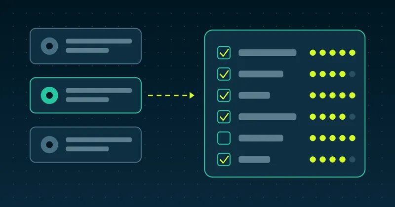 Diagram of three outsourcing vendors and a scorecard with criteria checked and rated